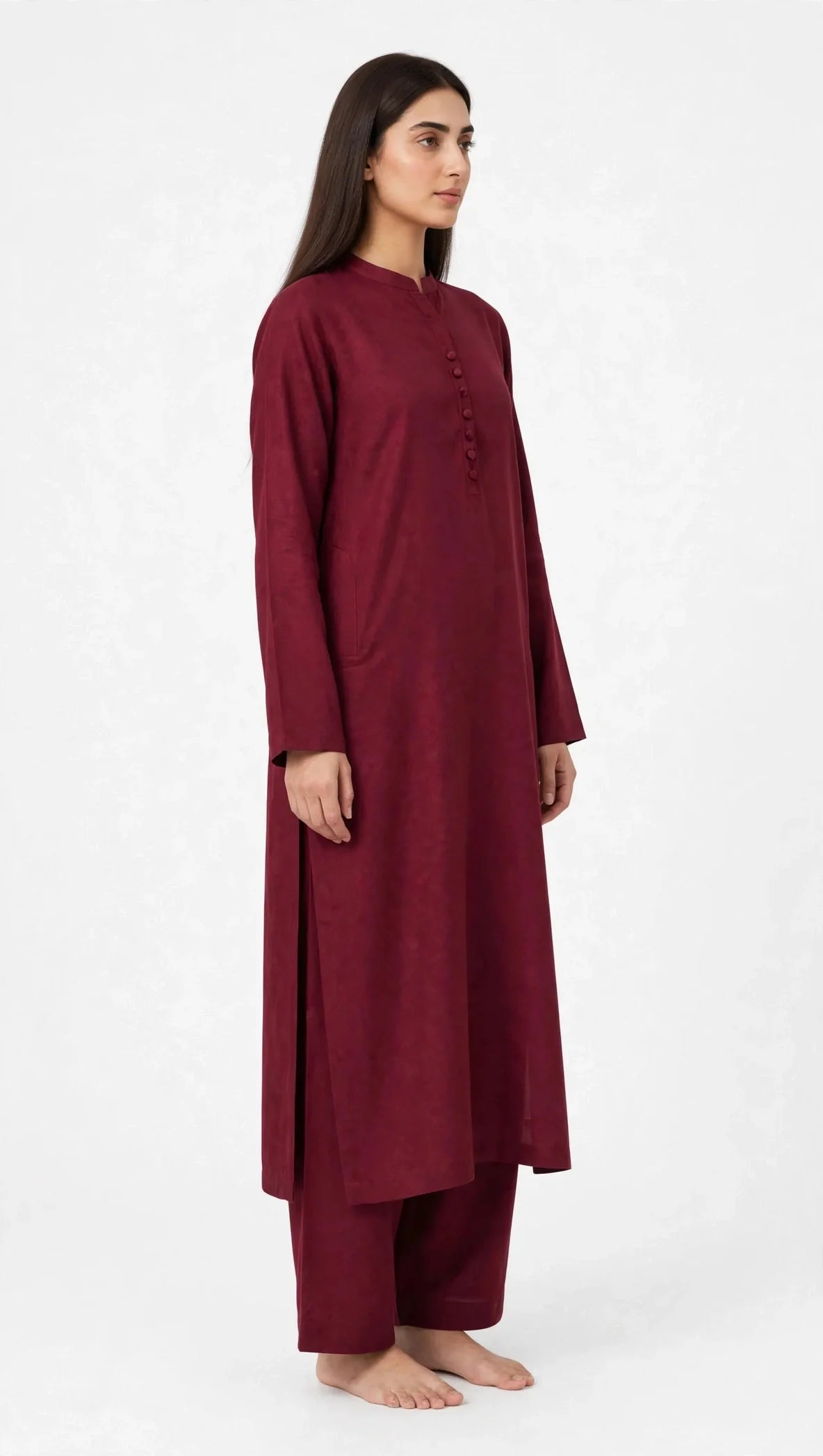 2 Piece Royal Maroon Silk Suit | Button Placket Shirt with Wide Pants