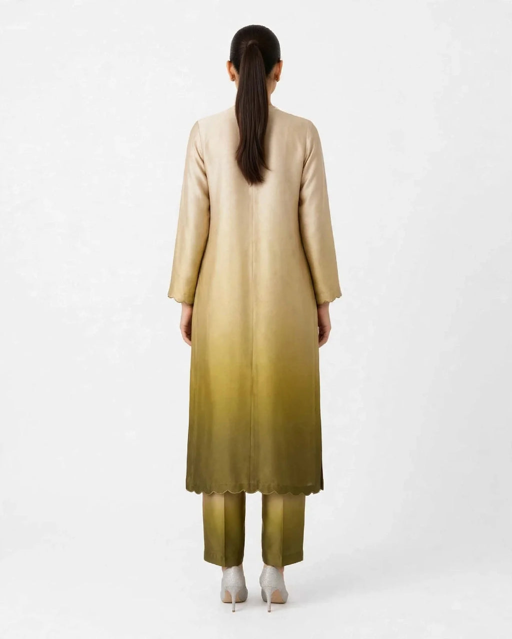 2 Piece Ombre Silk Suit | Scallop Detail Shirt with Straight Pants