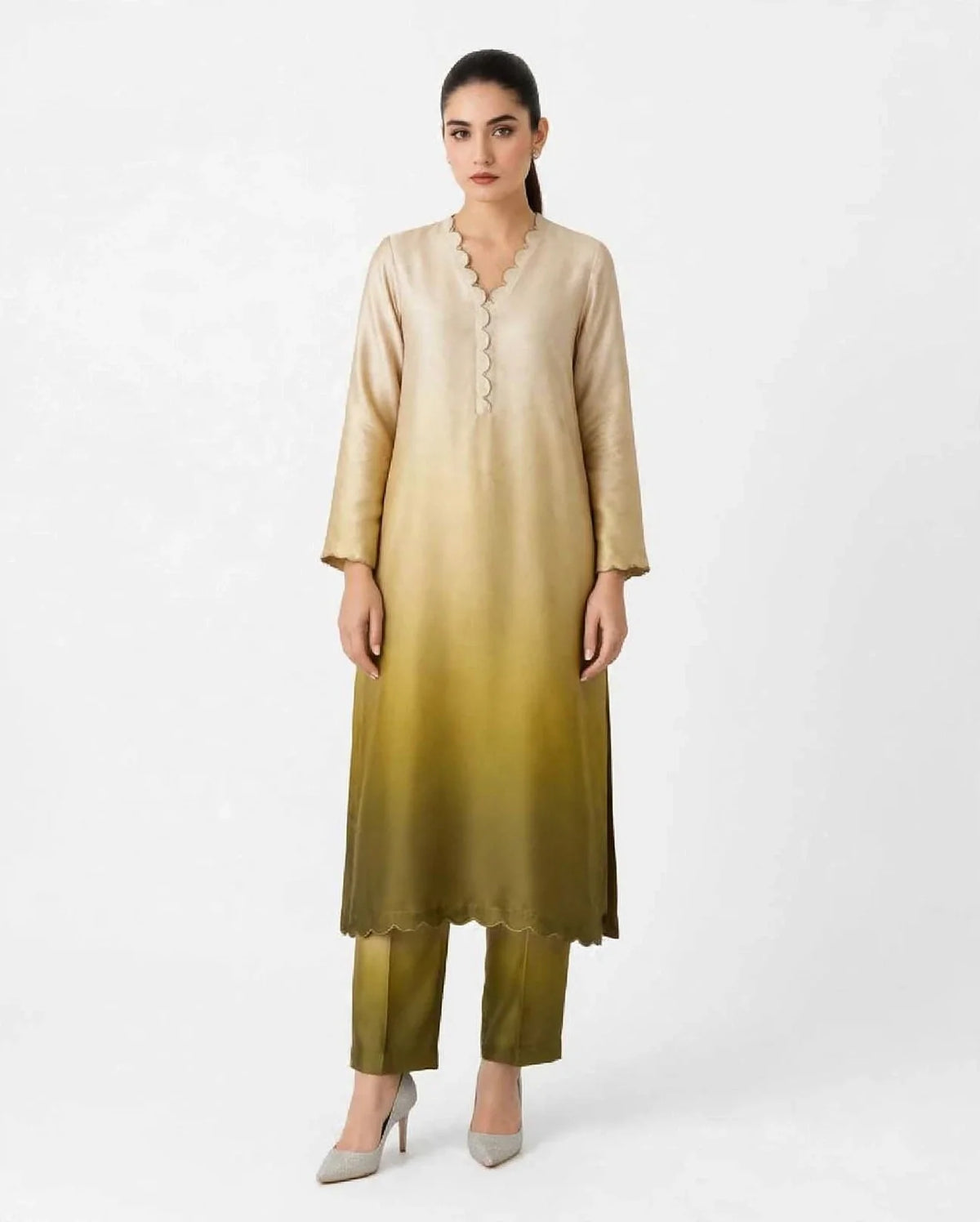 2 Piece Ombre Silk Suit | Scallop Detail Shirt with Straight Pants