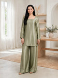 2 Piece Olive Silk Suit | Square Neck Shirt with Palazzo Pants - Luxe Pret