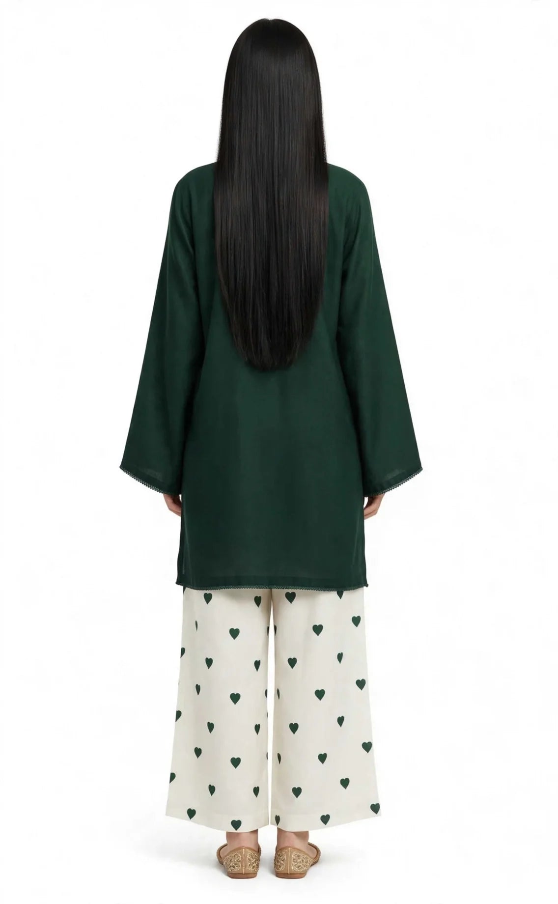 2 Piece Emerald Green Silk Suit | Bell Sleeve Shirt with Heart Print Pants
