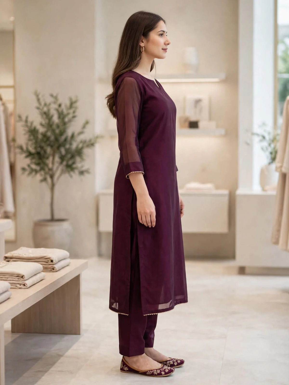 2 Piece Maroon Silk Suit | V-Neck Shirt with Straight Pants