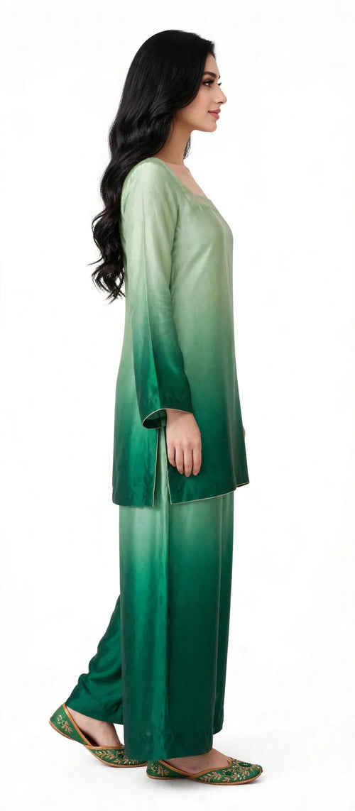 2 Piece Green Ombre Silk Suit | Square Neck Shirt with Wide Pants