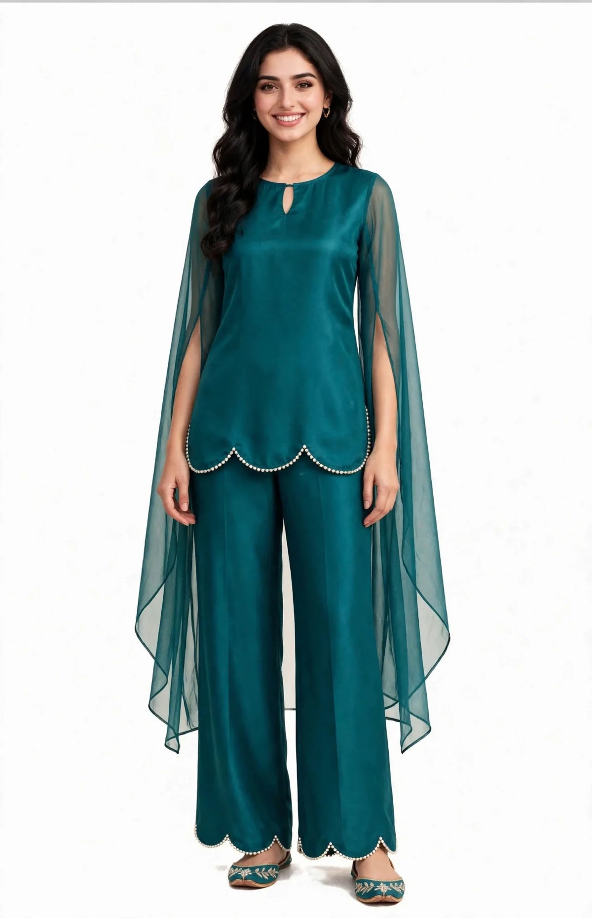 2 Piece Teal Silk Suit | Cape Sleeve Co-ord with Scallop Hem