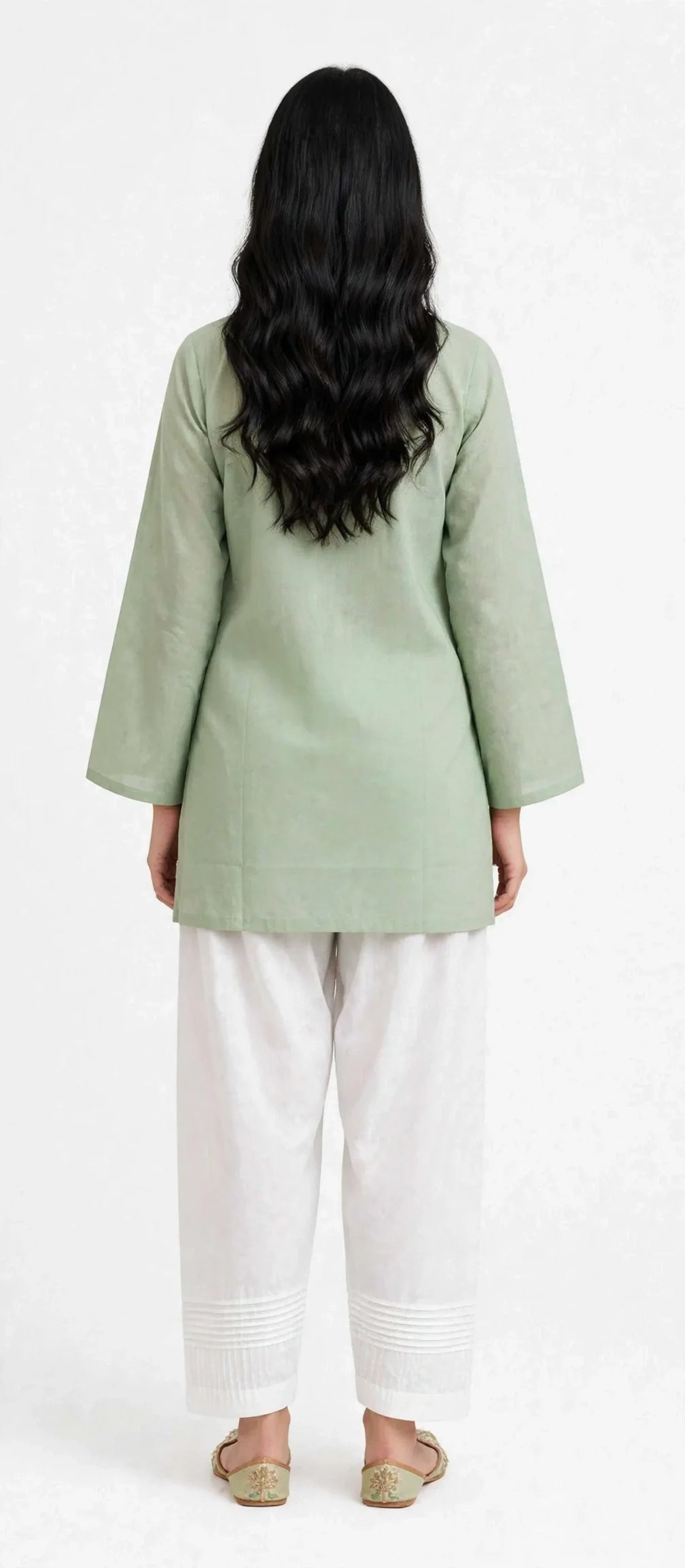 2 Piece Sage Green Silk Suit | Scallop V-Neck Shirt with White Pants