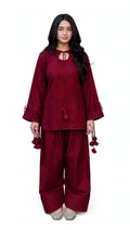 2 Piece Luxe Maroon Silk Suit | Tassel Neck Shirt with Palazzo Pants