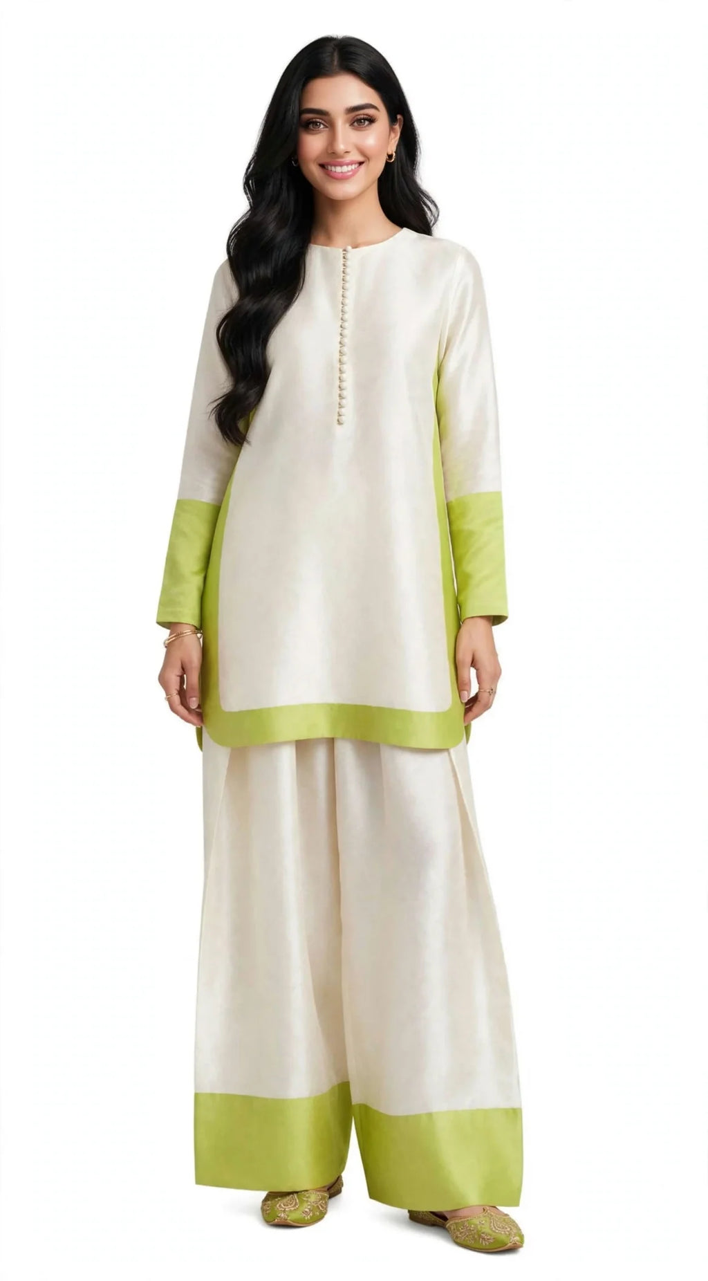 2 Piece Ivory Lime Silk Suit | Color Block Shirt with Wide Pants