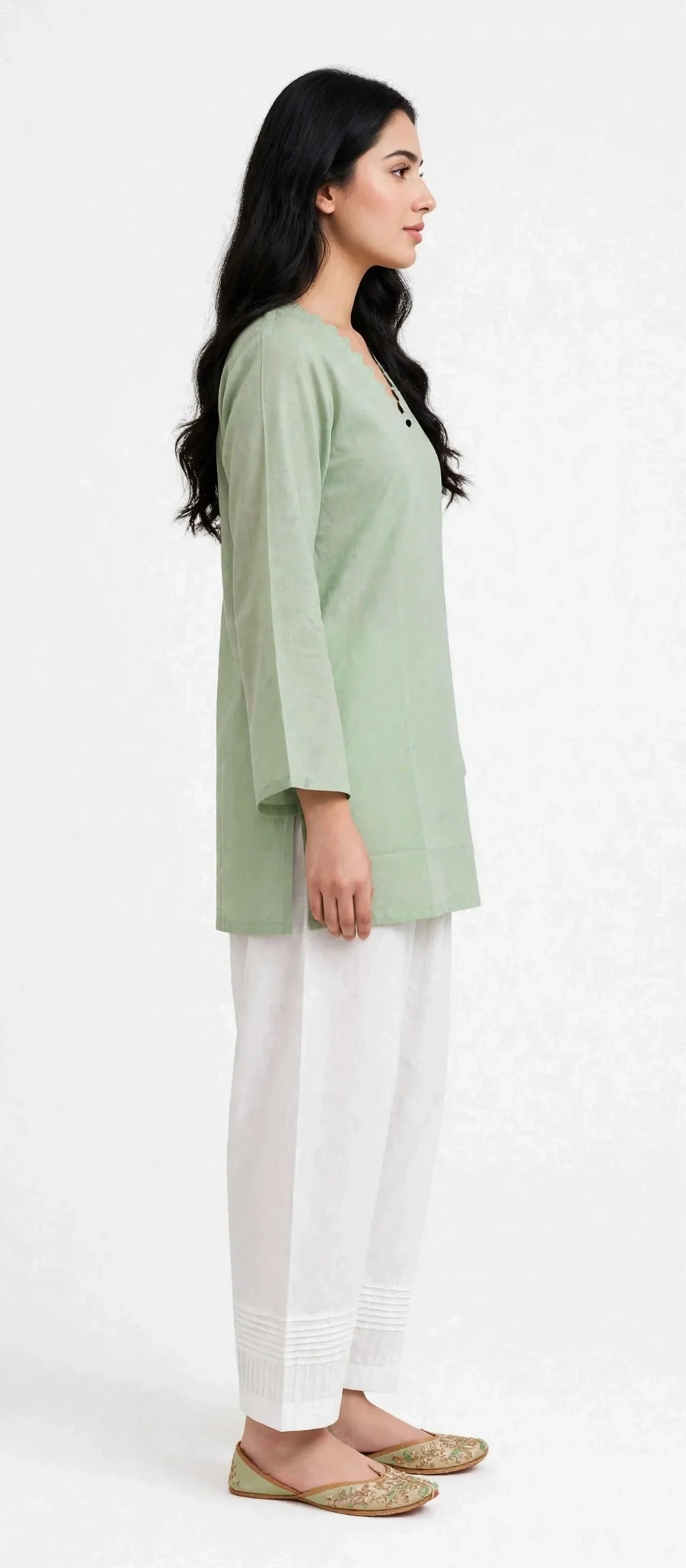 2 Piece Sage Green Silk Suit | Scallop V-Neck Shirt with White Pants