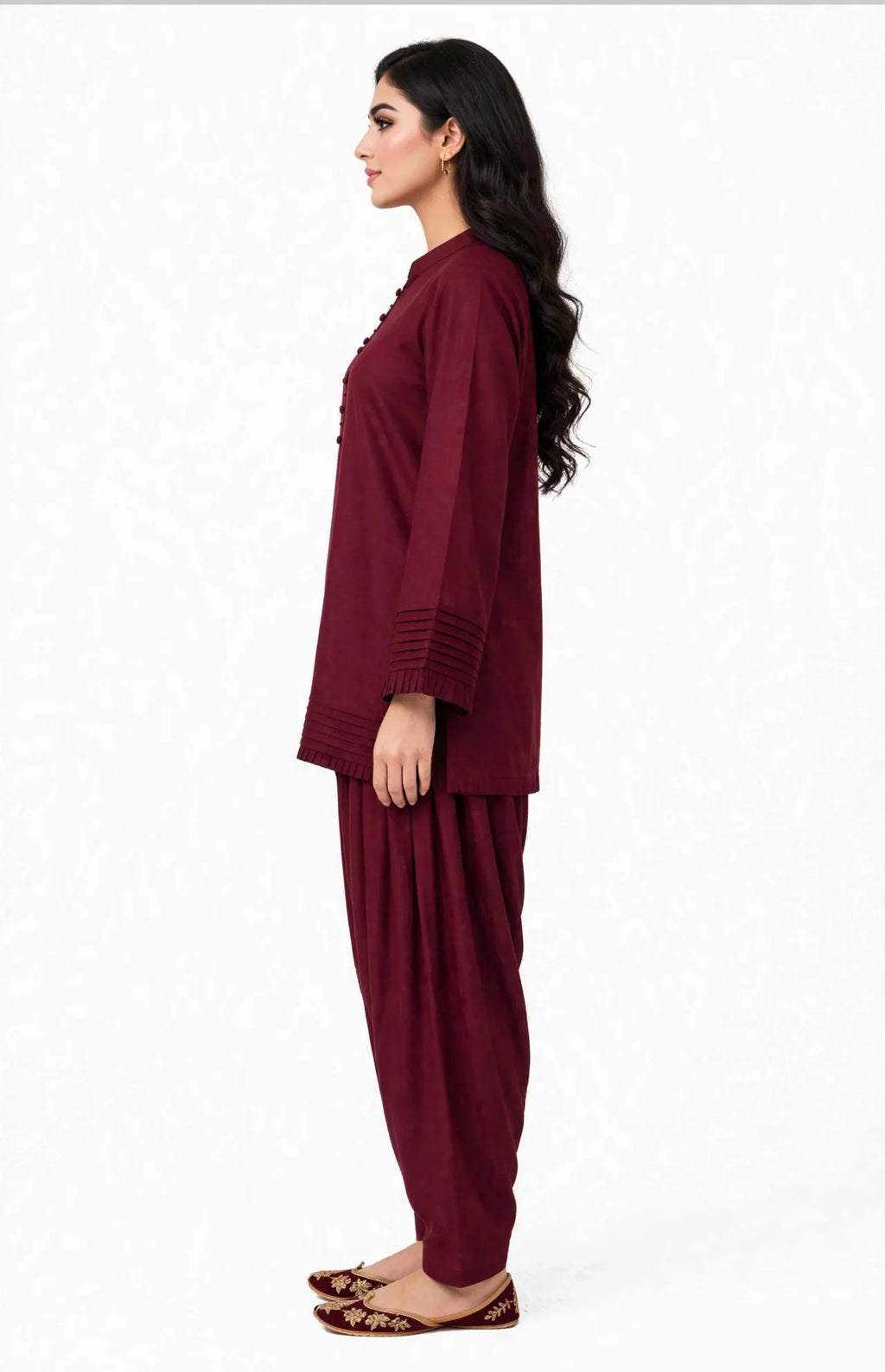 2 Piece Maroon Silk Suit | Pleated Shirt with Shalwar Pants