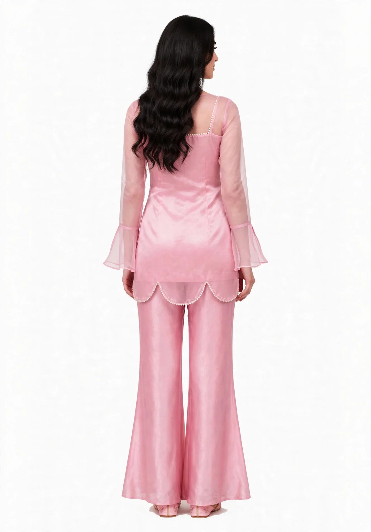 2 Piece Pink Silk Suit | Bell Sleeve Co-ord with Scallop Hem