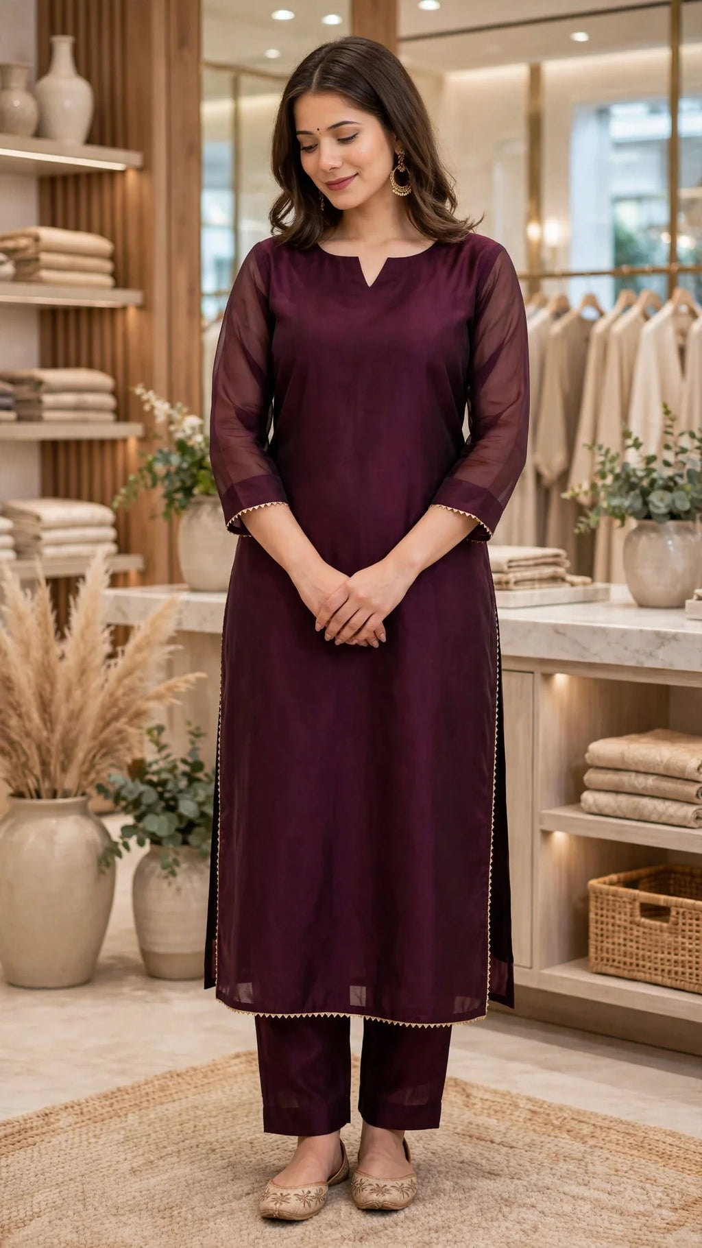 A woman modeling a deep purple three-piece kurta set with matching pants in a boutique setting. The set features a solid purple cotton kurta with sheer purple sleeves and a split neckline, decorated with gold zari borders.
