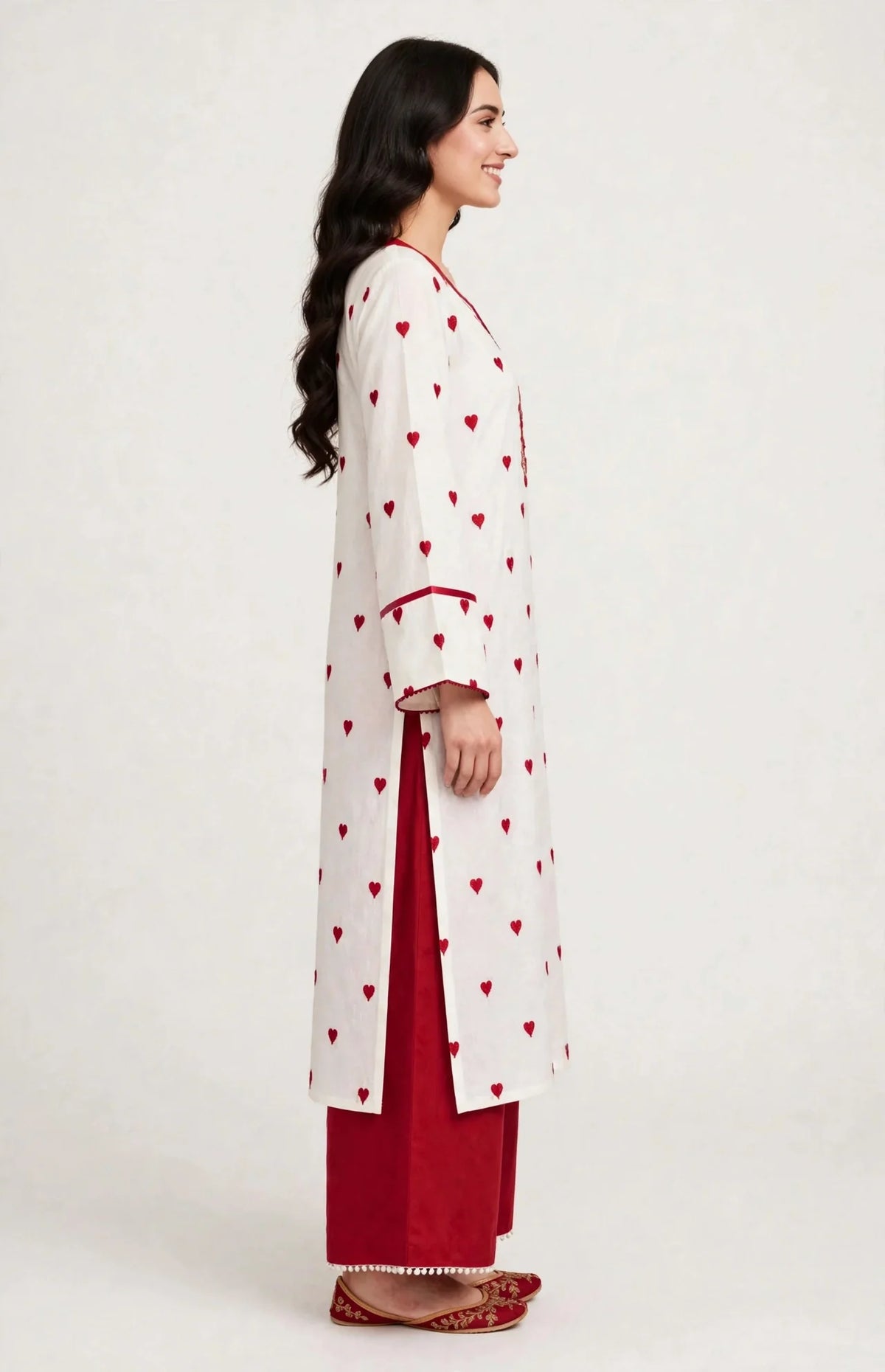 2 Piece White Maroon Silk Suit | Heart Print Co-ord Set