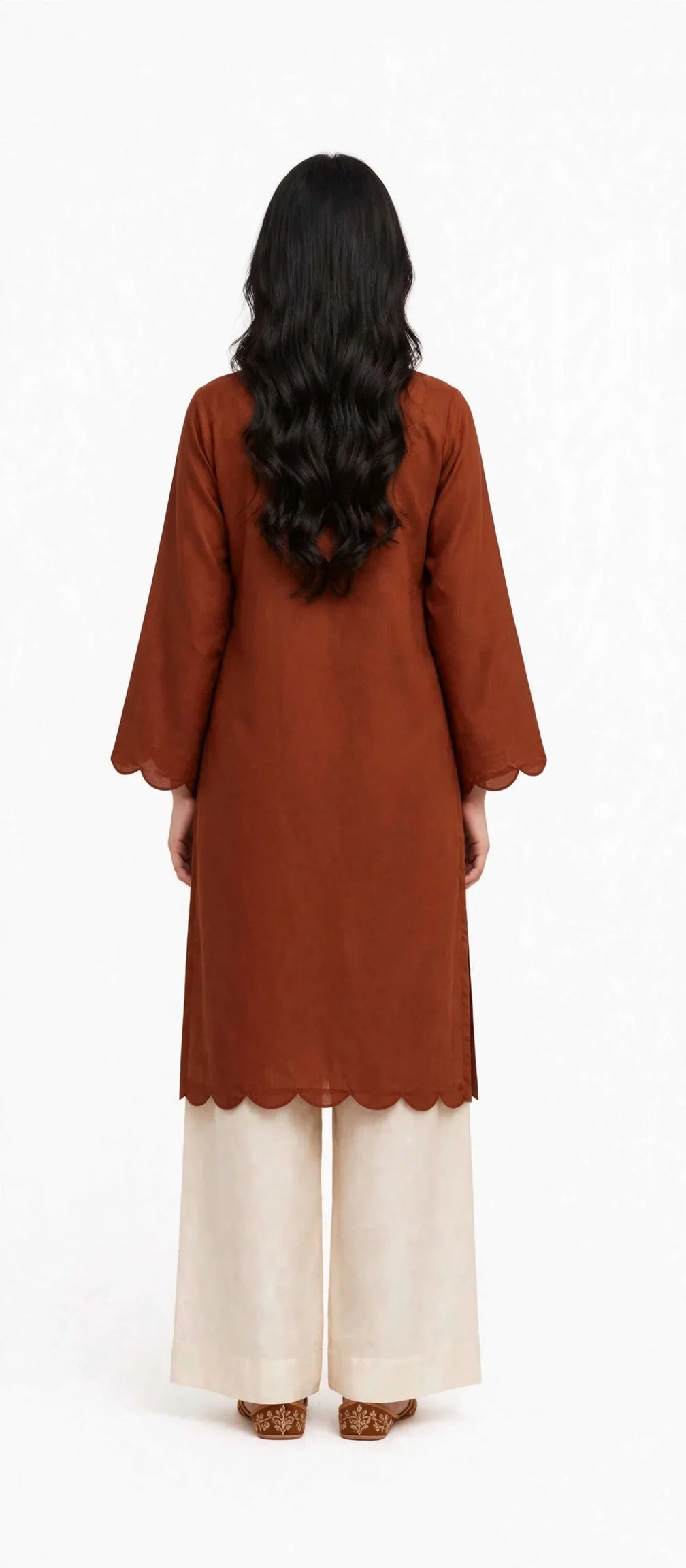 2 Piece Terracotta Silk Suit | Sweetheart Neck Shirt with Wide Pants