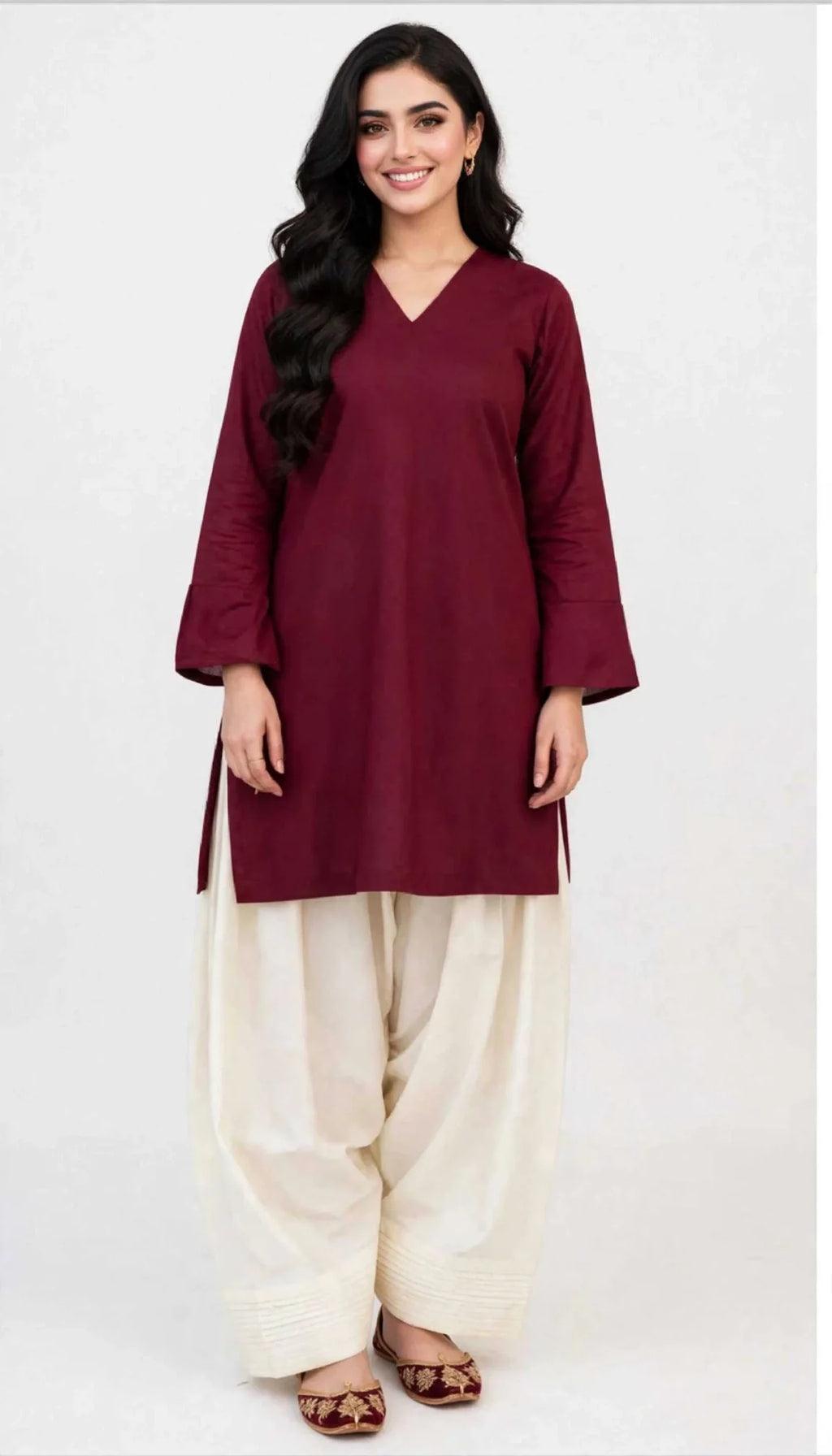 2 Piece Maroon Ivory Silk Suit | V-Neck Shirt with Shalwar