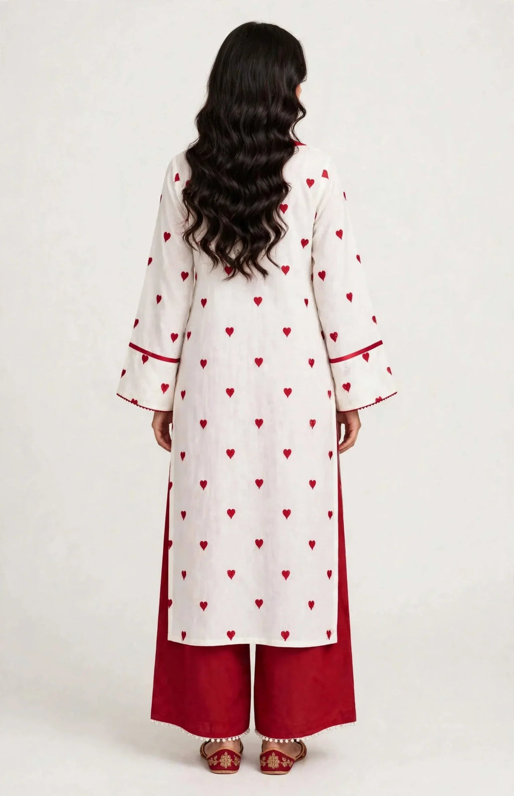 2 Piece White Maroon Silk Suit | Heart Print Co-ord Set