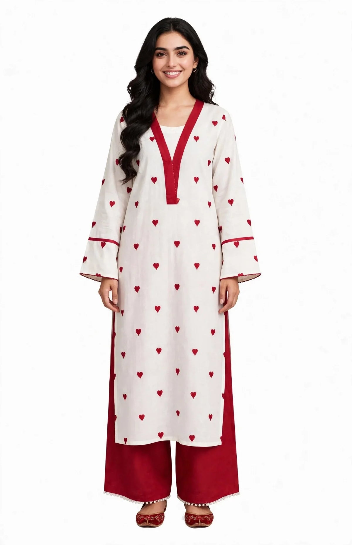 2 Piece White Maroon Silk Suit | Heart Print Co-ord Set
