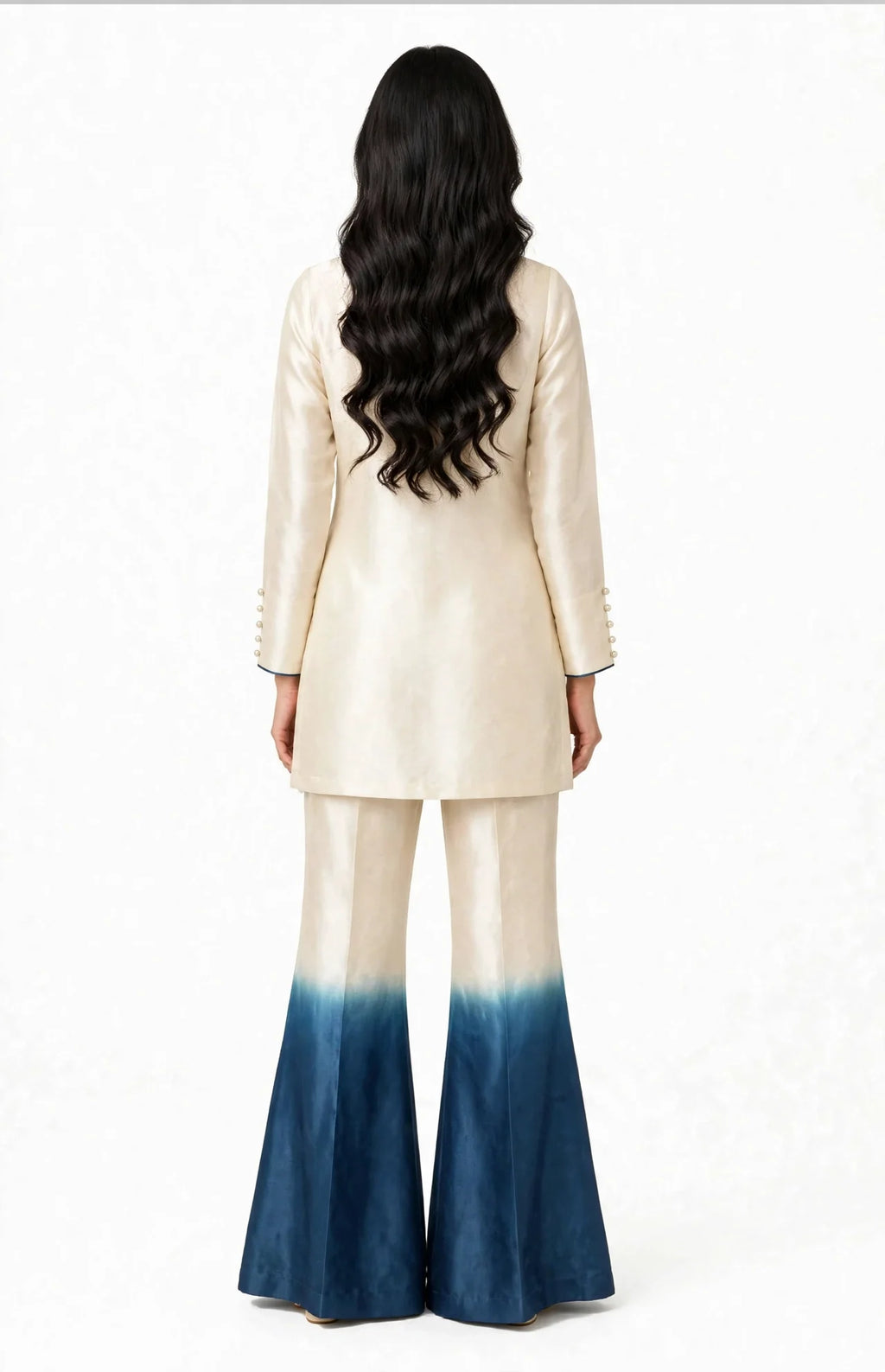 2 Piece Ivory Blue Ombre Silk Suit | Embellished Co-ord Set