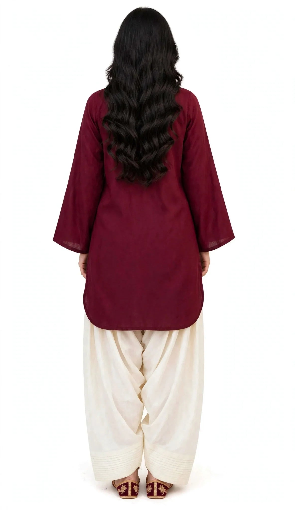 2 Piece Maroon Ivory Silk Suit | Bell Sleeve Shirt with Shalwar