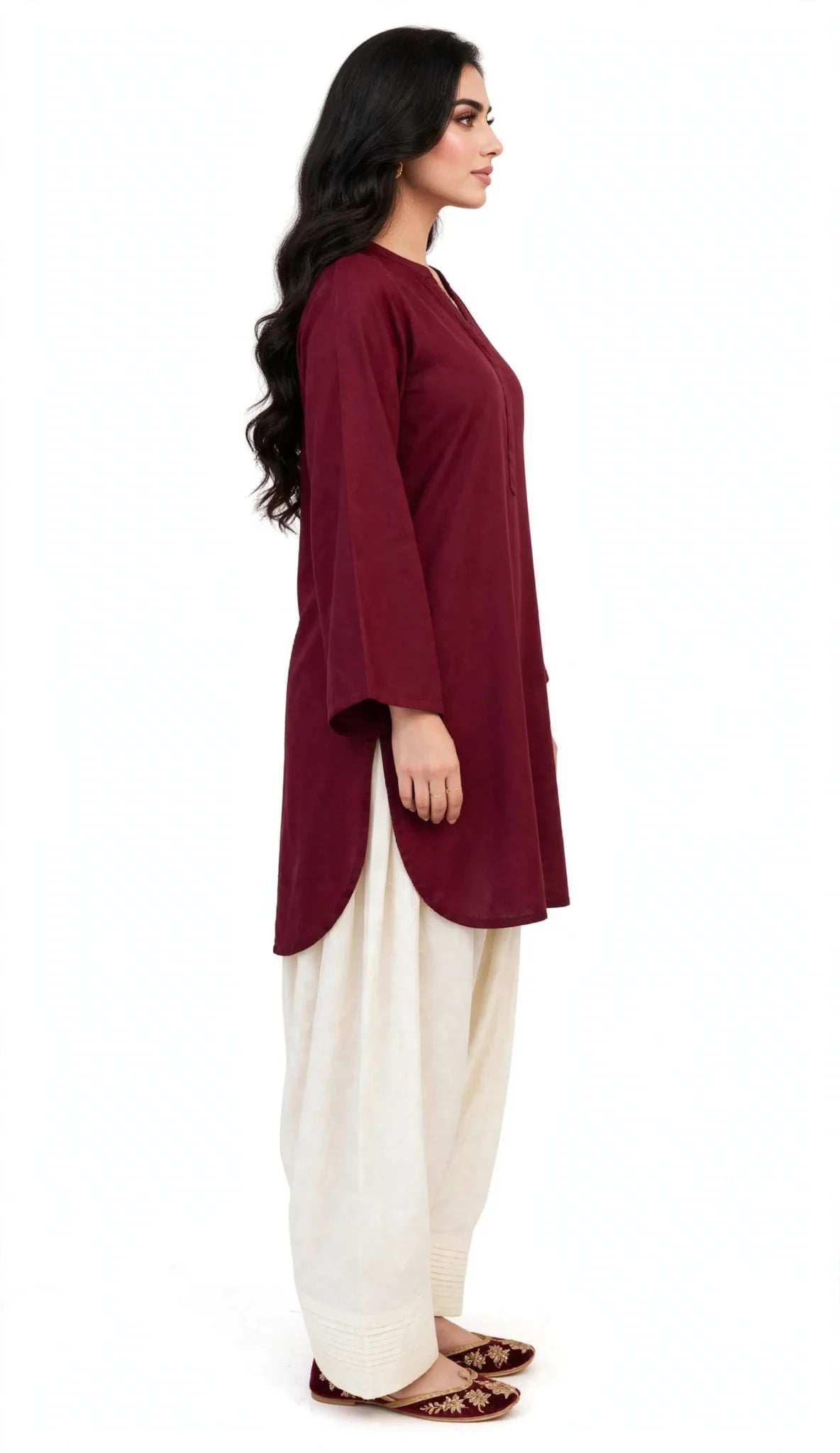 2 Piece Maroon Ivory Silk Suit | Bell Sleeve Shirt with Shalwar