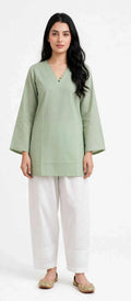 2 Piece Sage Green Silk Suit | Scallop V-Neck Shirt with White Pants