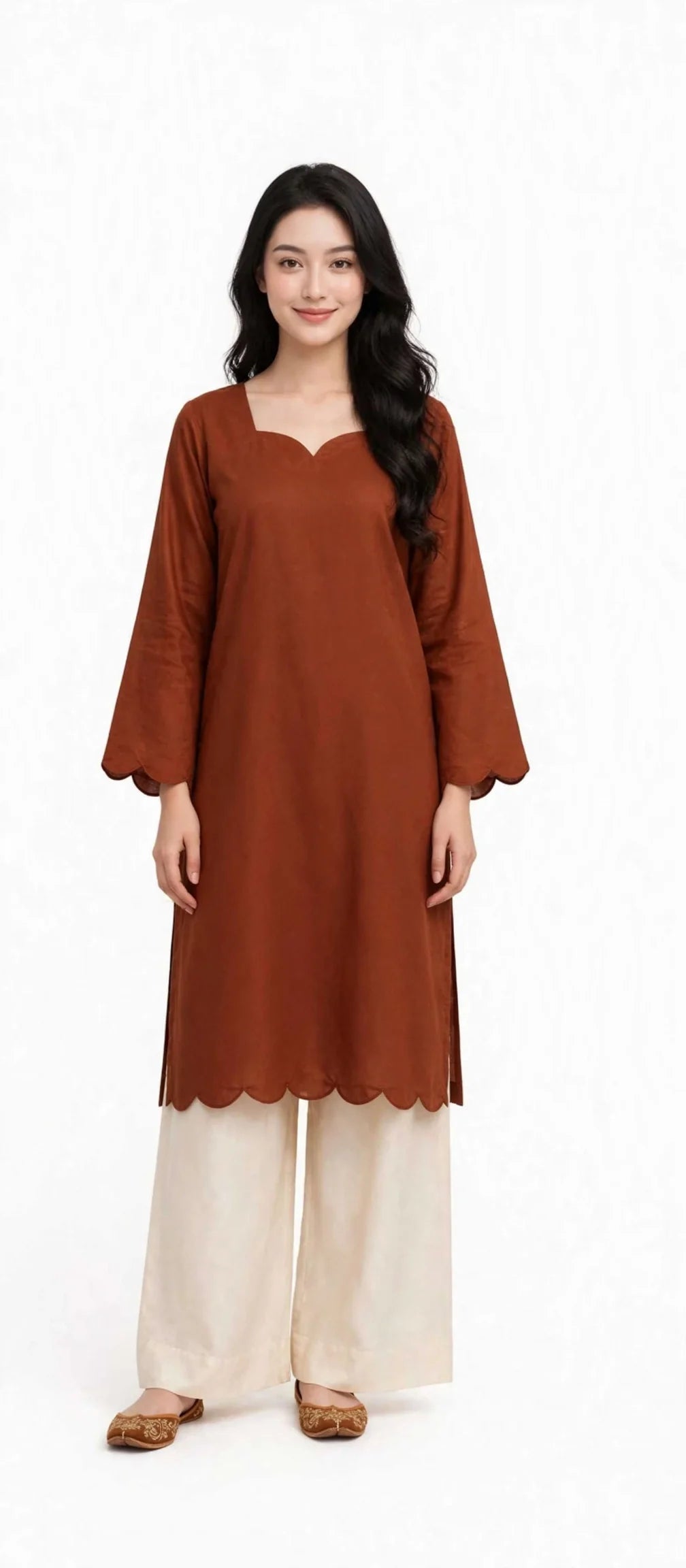 2 Piece Terracotta Silk Suit | Sweetheart Neck Shirt with Wide Pants