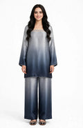 2 Piece Silver Navy Ombre Silk Suit | Square Neck Shirt with Wide Pants