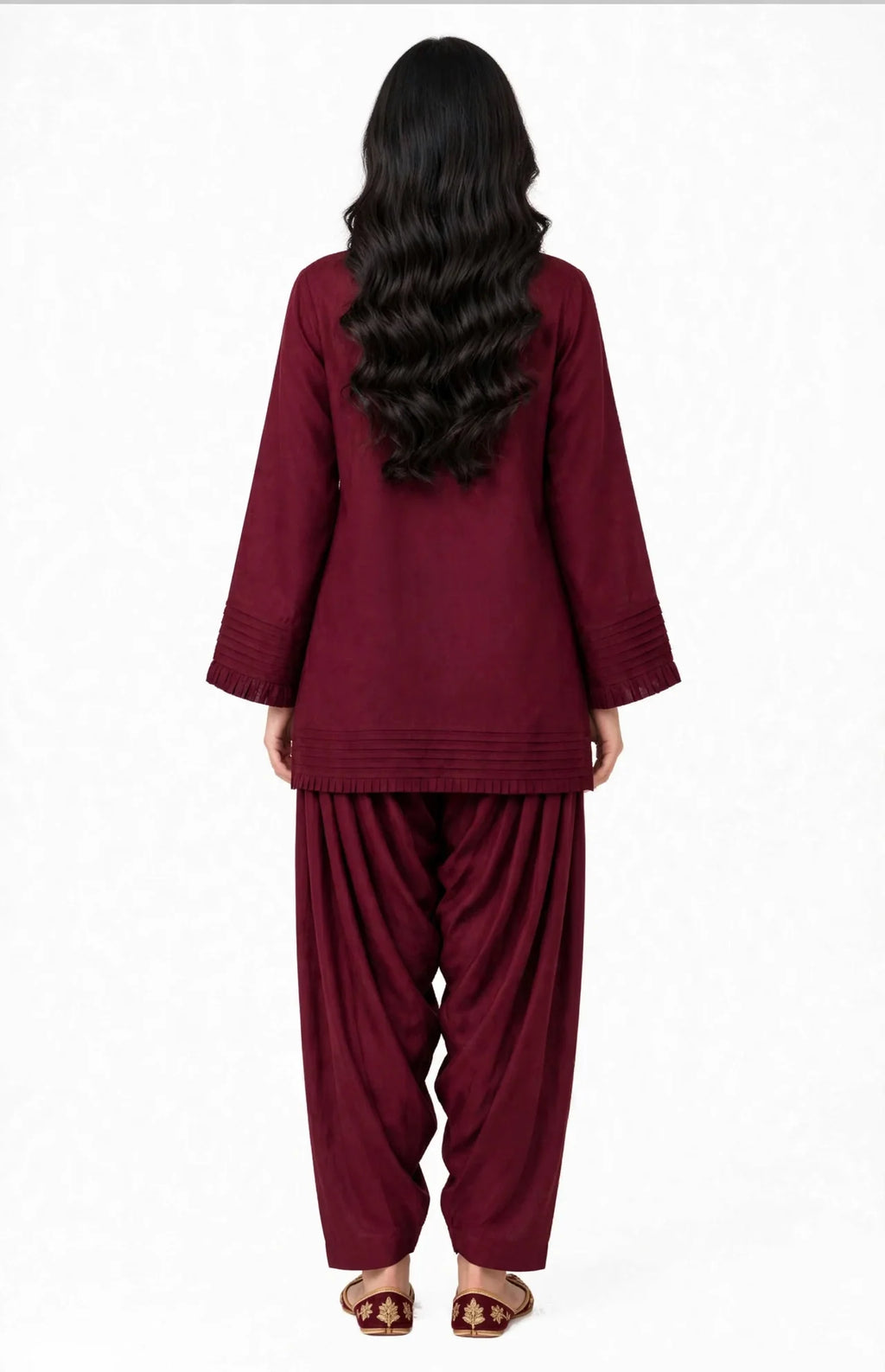 2 Piece Maroon Silk Suit | Pleated Shirt with Shalwar Pants
