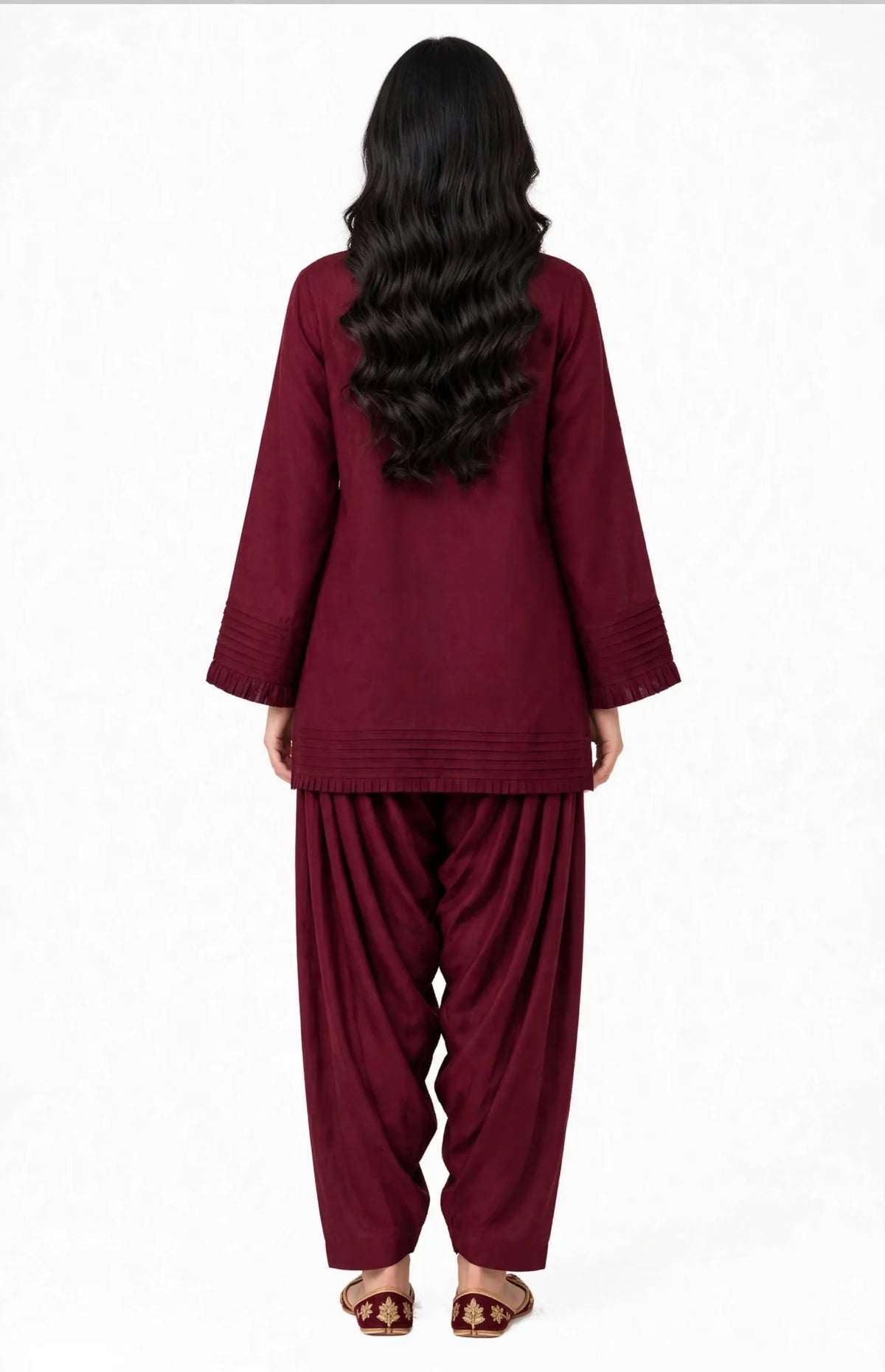 2 Piece Maroon Silk Suit | Pleated Shirt with Shalwar Pants