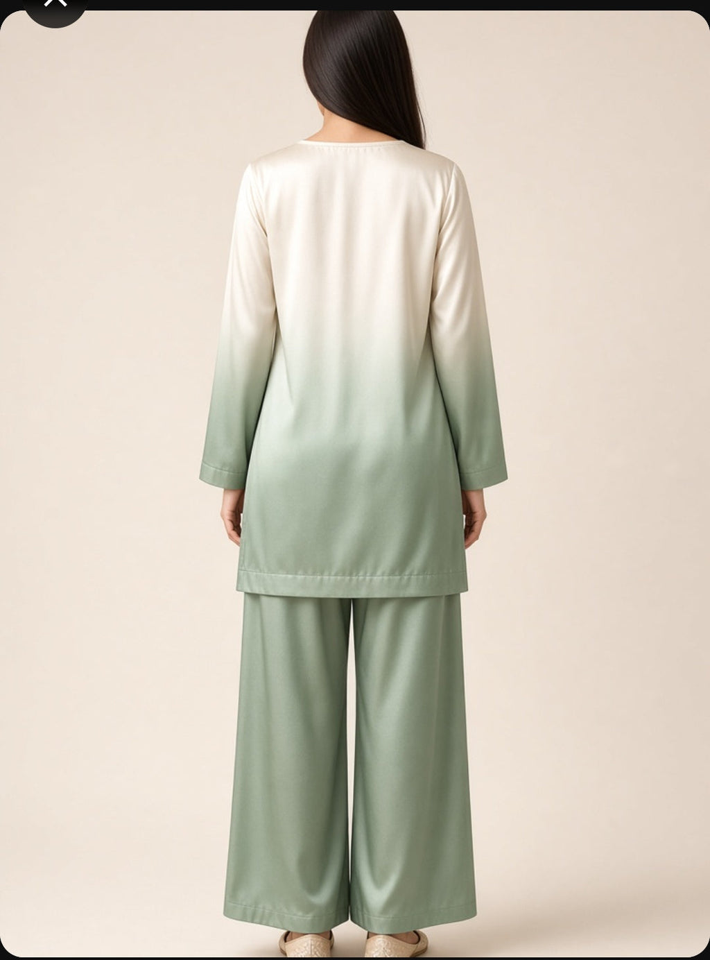 2 Piece Ombre Silk Suit | Square Neck Shirt with Wide Pants - White Sage